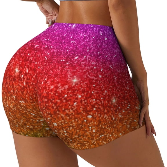 Rateoe Rainbow Glitter Printed Power Workout Shorts for Women Tummy Control Squat Proof Ribbed Thick Seamless Scrunch Active Short-XX-Large