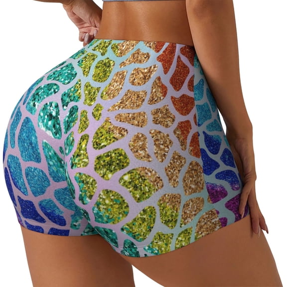 Rateoe Rainbow Glitter Printed Power Workout Shorts for Women Tummy Control Squat Proof Ribbed Thick Seamless Scrunch Active Short-XX-Large