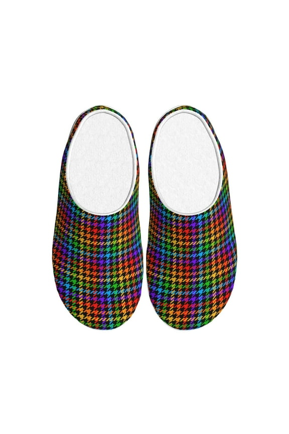 Rainbow Houndstooth Print Women's Men's Cotton Knit Slippers Lightweight Memory Foam Indoor House Shoes with Anti-Skid Sole-46/47