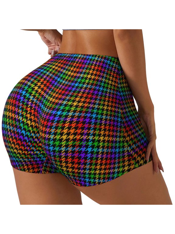 Rainbow Houndstooth Printed Power Workout Shorts for Women Tummy Control Squat Proof Ribbed Thick Seamless Scrunch Active Short-Large