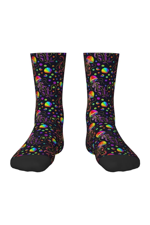 Rainbow Jellyfishes Pattern Children's Socks, Socks Gifts ,kids Crew Soft Cotton Socks , Moisture-Wicking, Durable, Ideal for Daily Wear & Sports