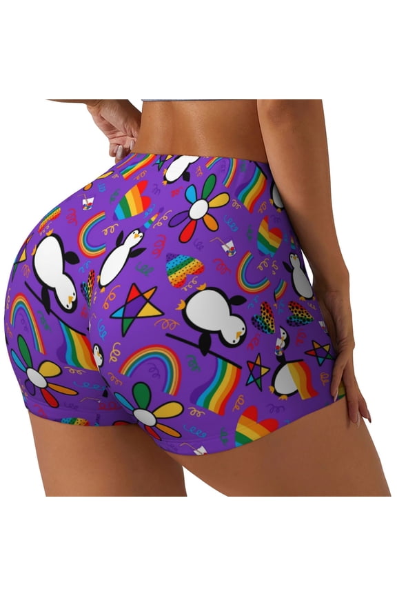 Rainbow Lgbt Penguin Printed Power Workout Shorts for Women Tummy Control Squat Proof Ribbed Thick Seamless Scrunch Active Short-Large
