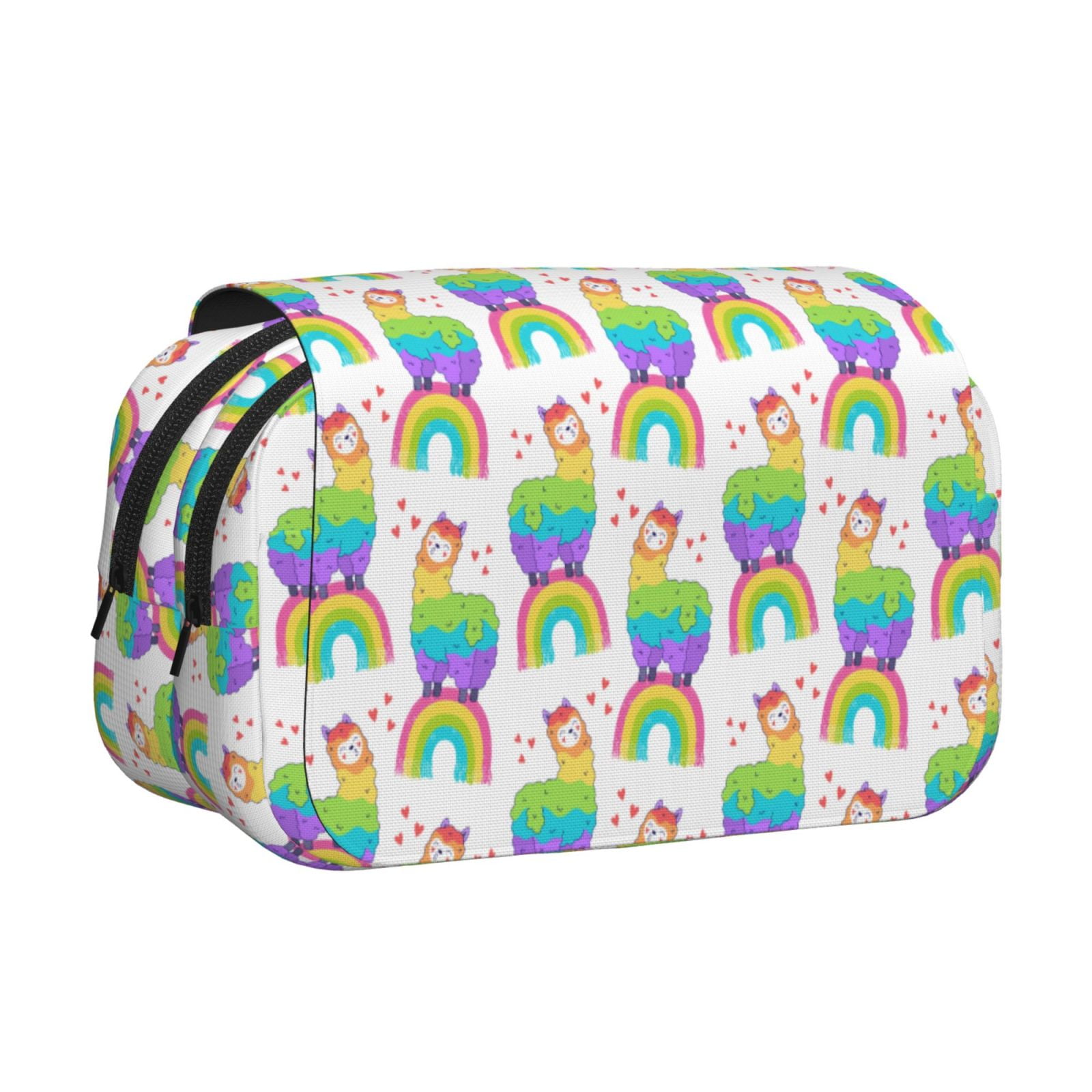 Rateoe Rainbow Llama Pattern Double Clamshell Pen Case, Storage Organizer with Two Zipper Compartments– Holds Up to 50 Pencils & Pens