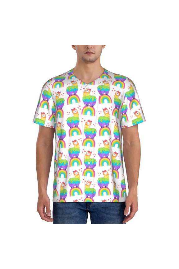 Rainbow Llama Pattern Men’s Baseball Short Sleeve Polo Shirt, Midweight Men's Shirt Golf Shirt Polo Shirts Quick Dry Short-Medium