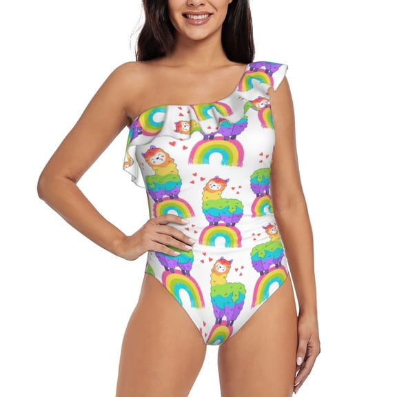 Rateoe Rainbow Llama Pattern Women One Piece Swimsuits Tummy Control One Shoulder Bathing Suits Ruffle Swimwear-