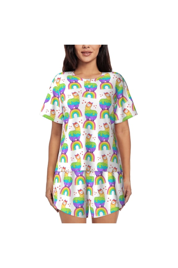 Rainbow Llama Pattern Women's Short-Sleeved Pajama Set - 2 Piece Soft and Lightweight Sleepwear Set-X-Large