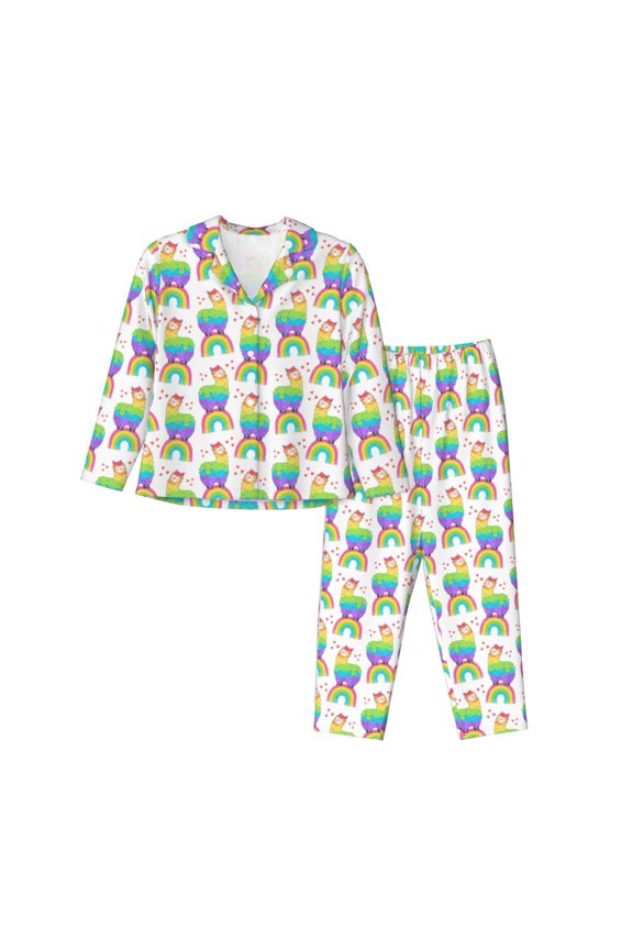 Rainbow Llama Pattern Womens Pajamas Set Long Sleeve Sleepwear Button Down Nightwear Soft Cotton Pj Lounge Sets