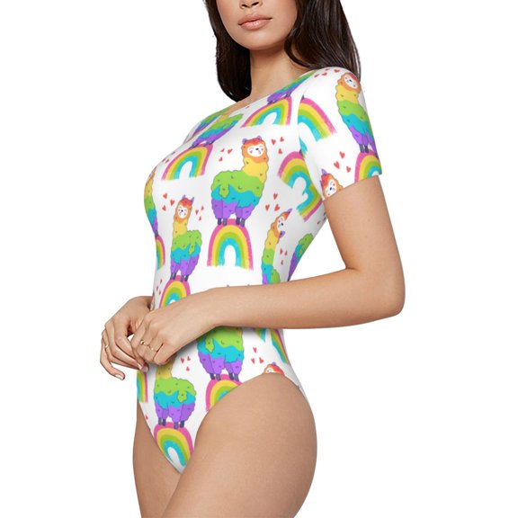 Rateoe Rainbow Llama Printed Women Rash Guard Short Sleeve,Tummy control Swimsuit Surfing Swimsuit Bathing Suit Short-sleeved Onesie UPF 50+
