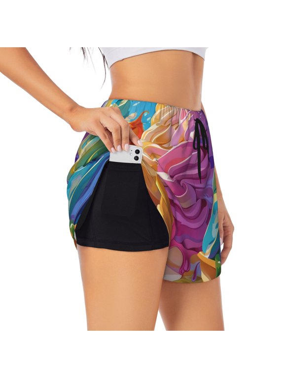 Rainbow Melting Ice Cream Printed 2 in 1 Women's Workout Shorts for Athletic Gym Running Shorts with Phone Pockets-X-Large