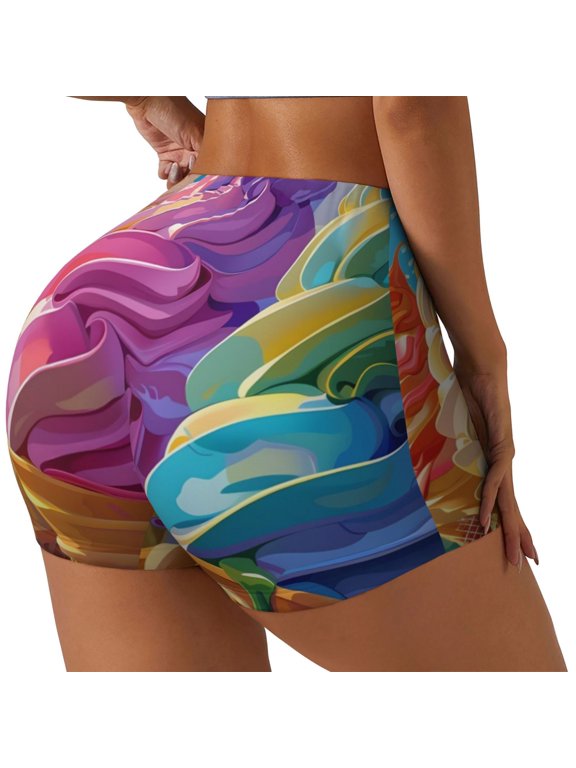 Rainbow Melting Ice Cream Printed Power Workout Shorts for Women Tummy Control Squat Proof Ribbed Thick Seamless Scrunch Active Short-Small