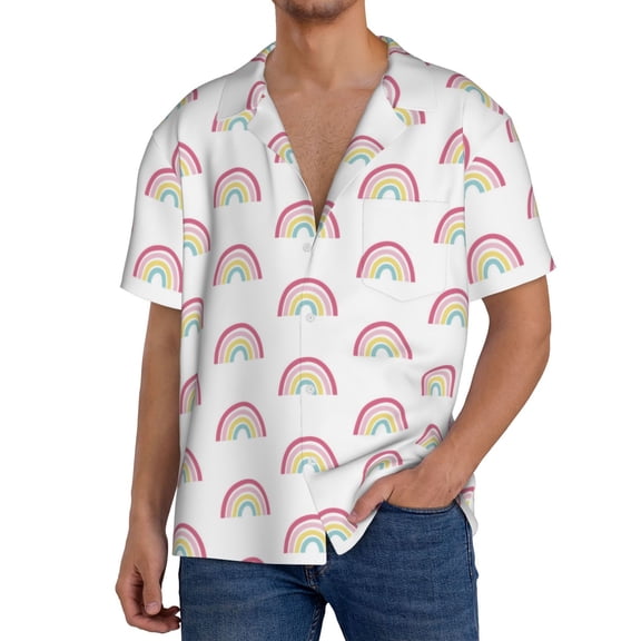 Rateoe Rainbow Pattern Men's Short Sleeve Classic Shirt, Casual Short-Sleeved Shirt, Lightweight Summer Shirt, Cuban Collar Shirt,Button-Front Shirt-X-Large