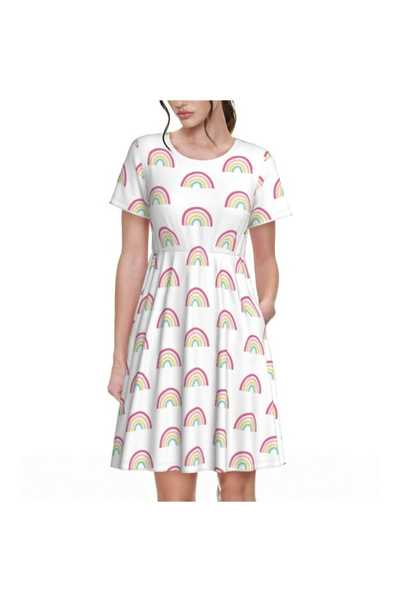 Rainbow Pattern Women’s Short Sleeve Dress – Casual Elegant Summer A-Line Dress for Everyday Wear