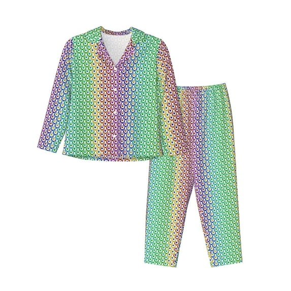 Rateoe Rainbow Peacock Feathers Pattern Womens Pajamas Set Long Sleeve Sleepwear Button Down Nightwear Soft Cotton Pj Lounge Sets