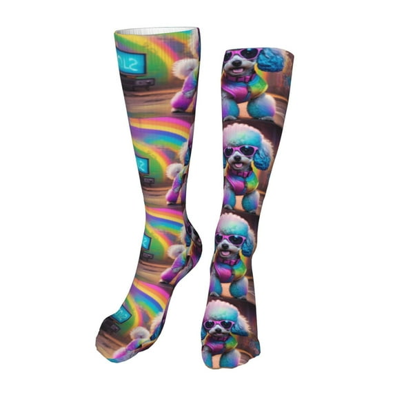 Rateoe Rainbow Poodle Urban Street print Women's Men's Novelty 20in Crew Socks Cotton Socks Knee High Socks for Walking,Running,Nurses,Pregnancy-One Size
