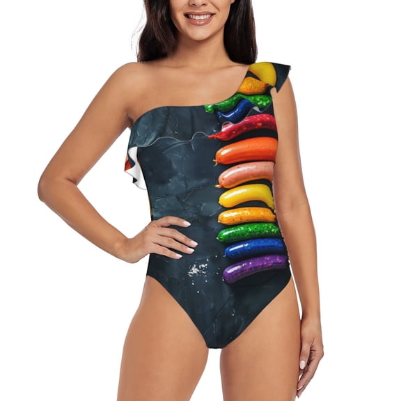 Rateoe Rainbow Sausages On Dark Slate Pattern Women One Piece Swimsuits Tummy Control One Shoulder Bathing Suits Ruffle Swimwear-X-Large