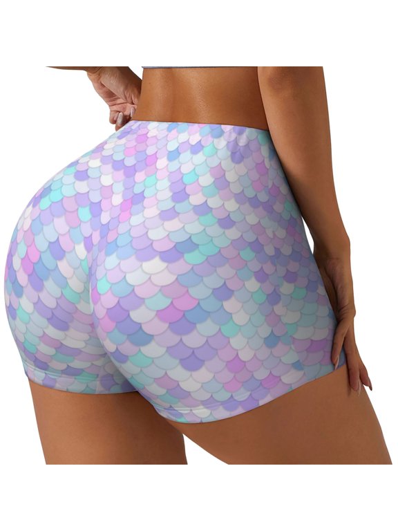 Rainbow Scales Printed Power Workout Shorts for Women Tummy Control Squat Proof Ribbed Thick Seamless Scrunch Active Short-Medium