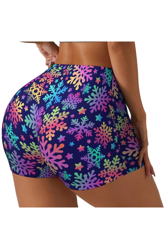 Rainbow Snowflakes Printed Power Workout Shorts for Women Tummy Control Squat Proof Ribbed Thick Seamless Scrunch Active Short-Medium