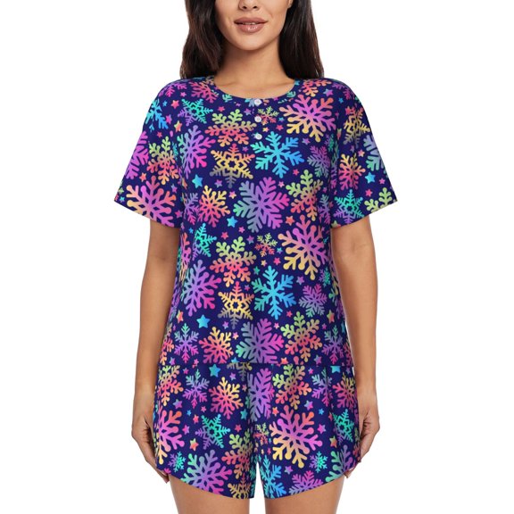 Rateoe Rainbow Snowflakes for 2 Piece Short Sleeves Pajama Sets Casual Lounge Sleepwear Ladies Pjs Sets with Pocket-X-Large