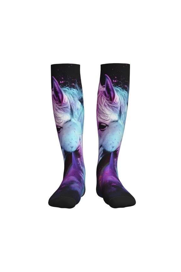 Rainbow Spotted White Horse Compression Socks for Women and Men 20-30mmHg-Circulation Support Socks Knee High Nurse Pregnant Running Medical and Travel Athletic