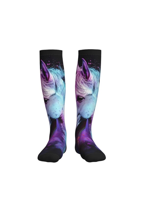 Rainbow Spotted White Horse Compression Socks for Women and Men 20-30mmHg-Circulation Support Socks Knee High Nurse Pregnant Running Medical and Travel Athletic