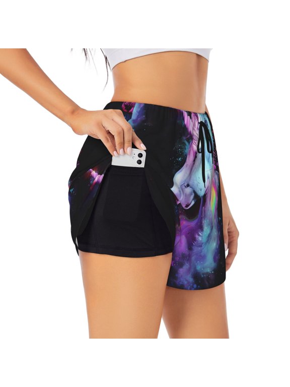 Rainbow Spotted White Horse Printed 2 in 1 Women's Workout Shorts for Athletic Gym Running Shorts with Phone Pockets-