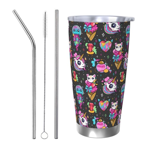 Rateoe Rainbow Unicorn And Cat Icecream Printed Car Guy Gifts for Men Women Tumbler - 20oz/590ml Vacuum Insulated Stainless Steel Travel Tumbler Cups with Lid & Straw-Straw Three-piece Set