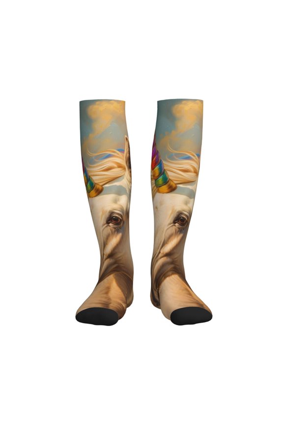 Rainbow White Horse Compression Socks for Women and Men 20-30mmHg-Circulation Support Socks Knee High Nurse Pregnant Running Medical and Travel Athletic