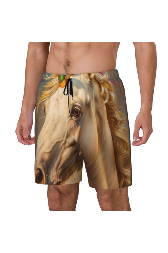 Rainbow White Horse Pattern Men’s Swim Shorts with Compression Liner – Double-Layered Quick-Dry Swimwear, Comfortable & Stretchy Beach Shorts-X-Large