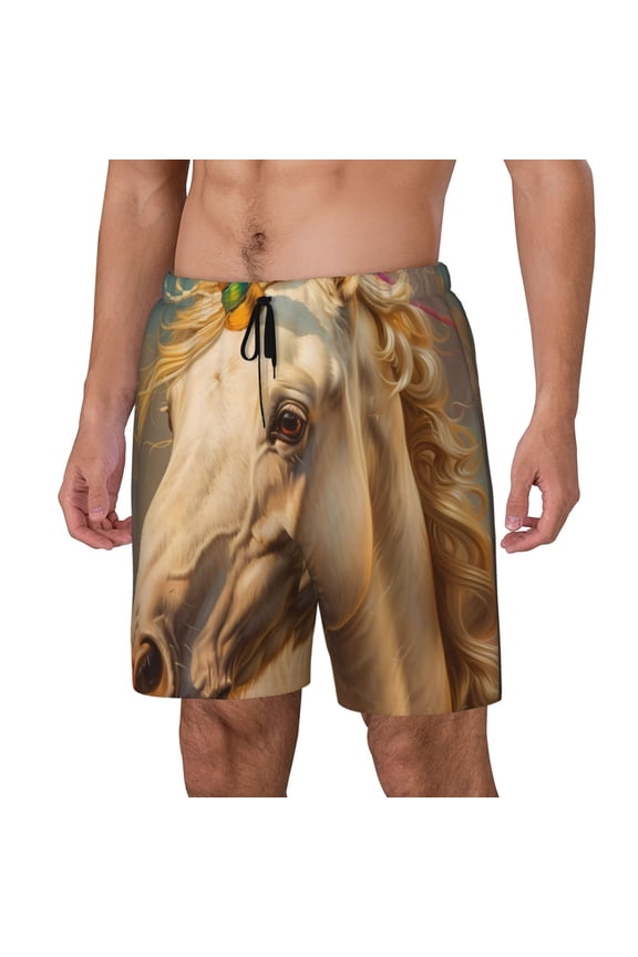Rainbow White Horse Pattern Men’s Swim Shorts with Compression Liner – Double-Layered Quick-Dry Swimwear, Comfortable & Stretchy Beach Shorts-XX-Large
