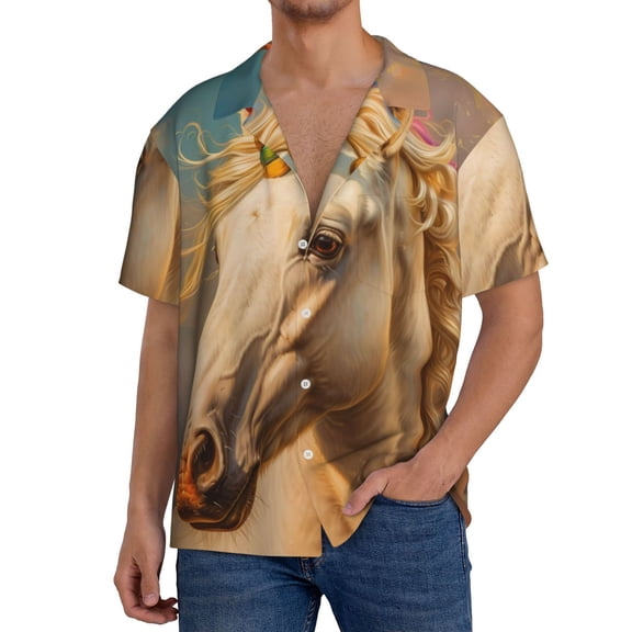 Rateoe Rainbow White Horse Print Mens Front Pocket Hawaiian Shirts Casual Shirts Short Sleeve Button Down Beach Tropical Shirts-Large