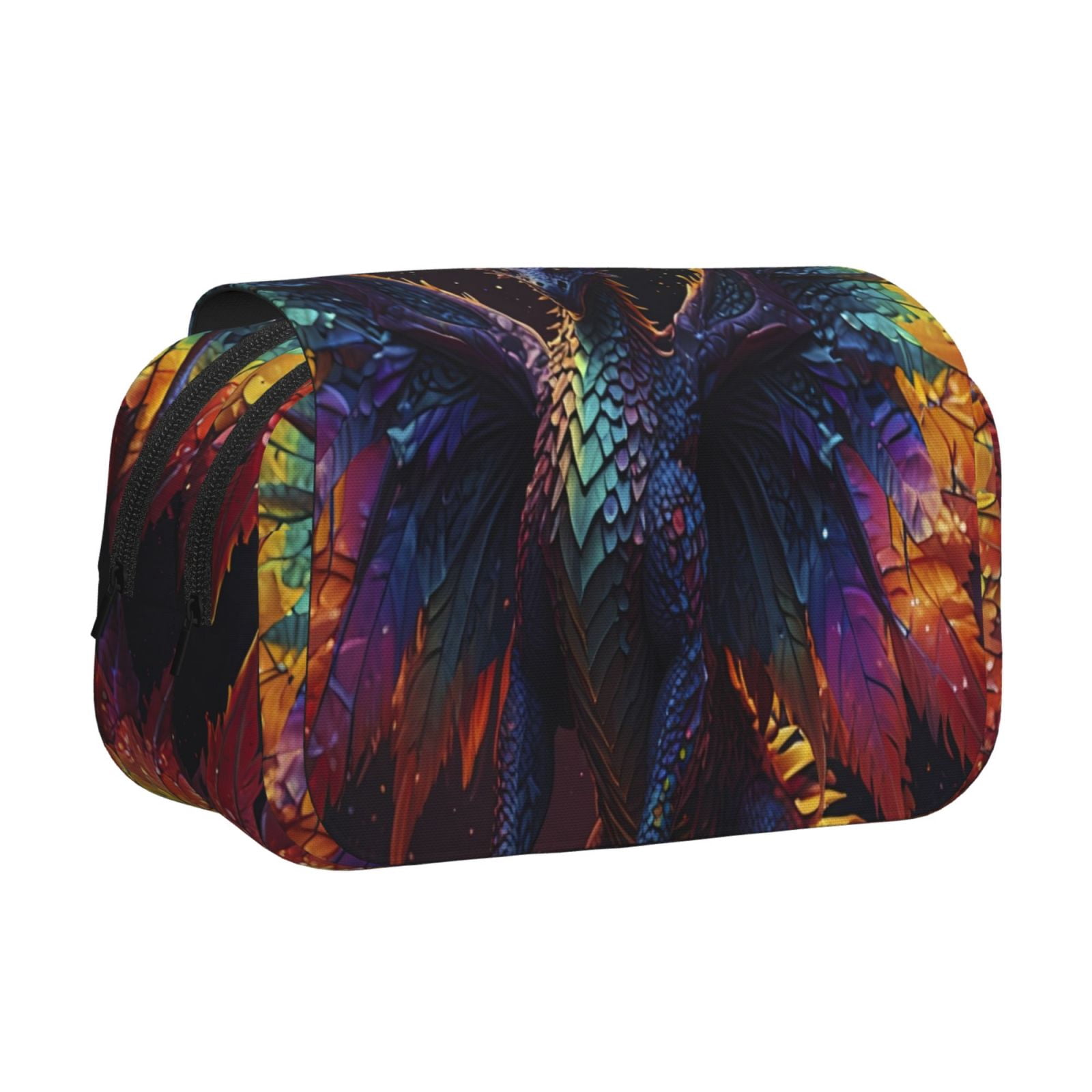 Rateoe Rainbow Wings Majestic Dragon Pattern Double Clamshell Pen Case, Storage Organizer with Two Zipper Compartments– Holds Up to 50 Pencils & Pens