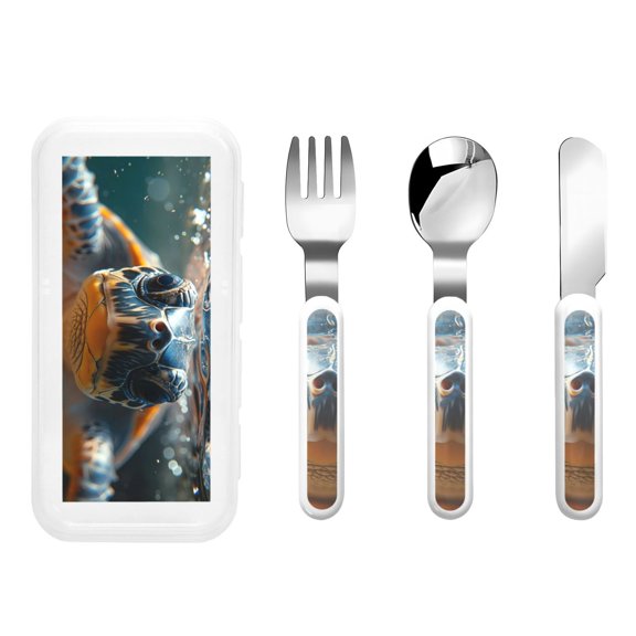 Rateoe Realistic Cute Sea Turtle for Stainless Steel Kids Silverware Set - Child and Toddler Safe Flatware - Children's Knife, Fork And Spoon Set