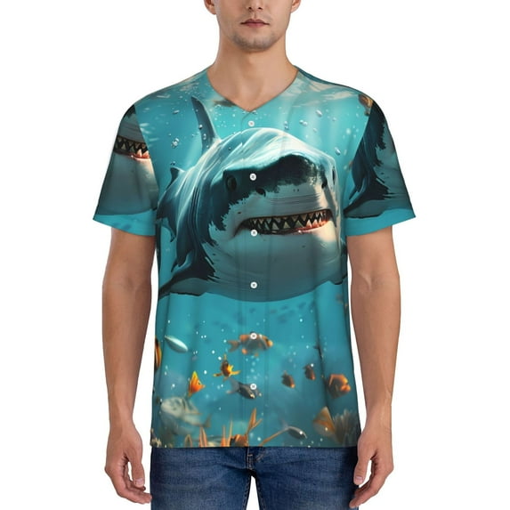 Rateoe Realistic Ocean Shark Pattern Men’s Baseball Short Sleeve Polo Shirt, Midweight Men's Shirt Golf Shirt Polo Shirts Quick Dry Short-3X-Large