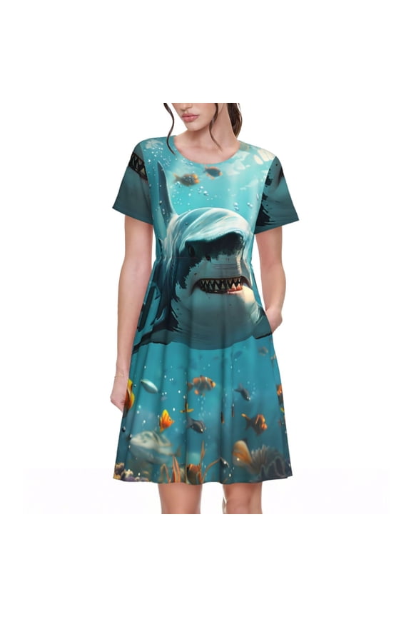 Realistic Ocean Shark Pattern Women’s Short Sleeve Dress – Casual Elegant Summer A-Line Dress for Everyday Wear