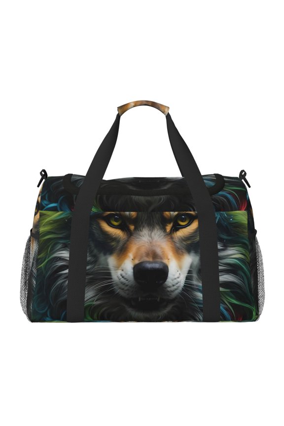 Realistic Style Colorful Wolf Pattern Gym Bag for Women, Duffle Bag for Travel with Wet Pocket, Carry on Weekender Bags for Women, Water Resistant Travel Bag Duffel Bag