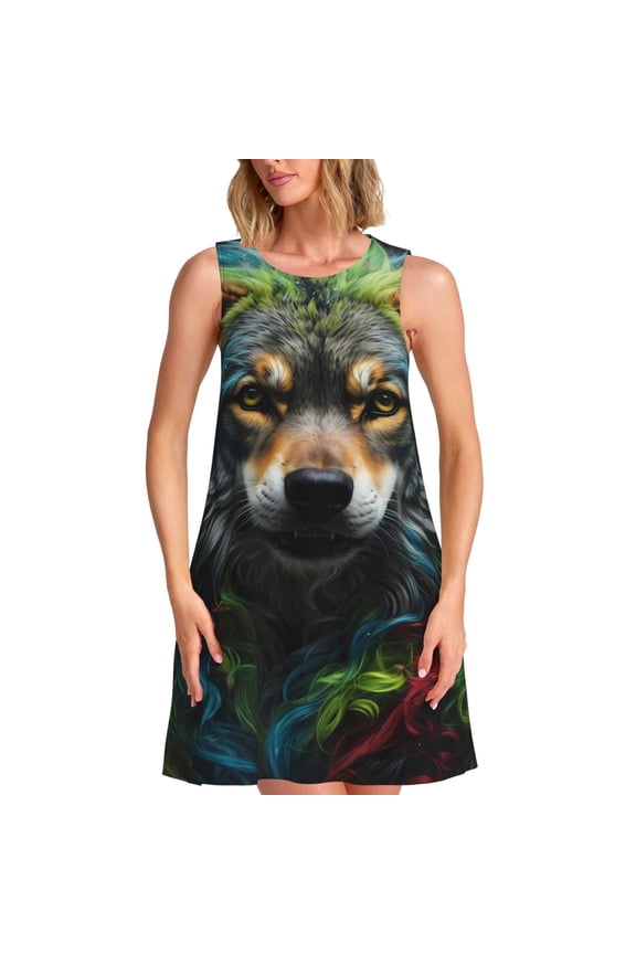 Realistic Style Colorful Wolf Pattern Women’s Sleeveless Dress,Casual Summer Dress,A-line Sleeveless Dress Versatile Summer Dress Stylish Day Dress
