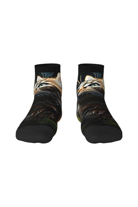 Realistic Style Cute Cat Pattern Quarter Crew Socks,Toe Seamed Ankle Socks,Cotton Cushioned Breathable Athletic Crew Sports Socks