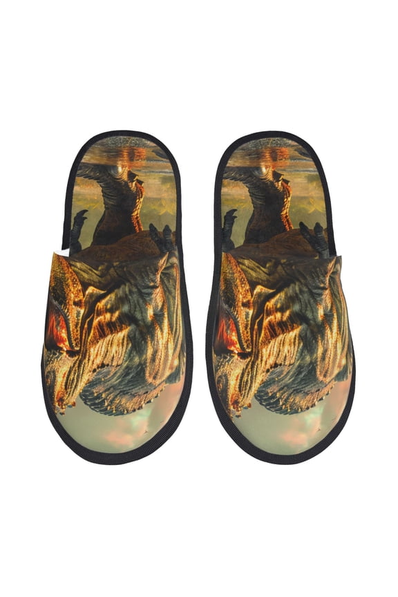 Realistic Style Forest Dinosaur Pattern Fuzzy Slippers Fuzzy Soft House Slippers Plush Furry Warm Cozy Open Toe Fluffy Home Shoes-Large