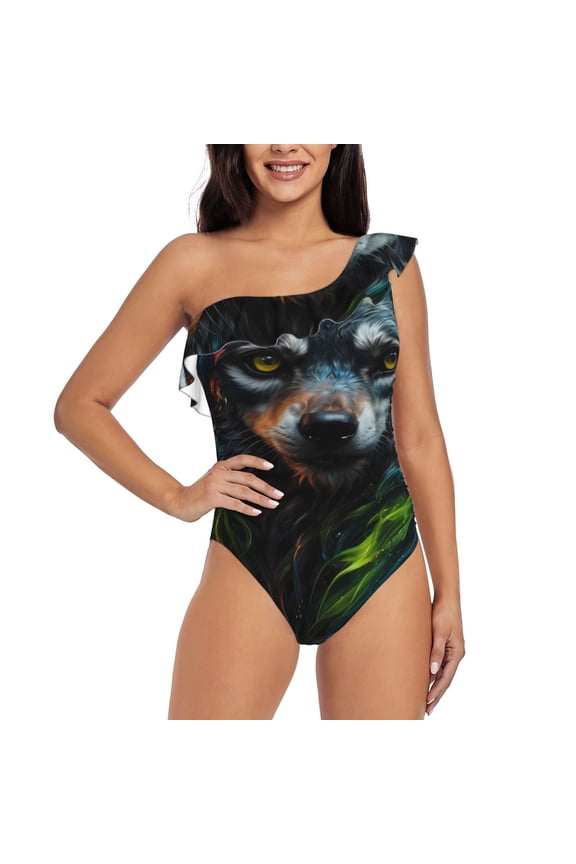 Realistic Style Green Fur Wolf Pattern Women One Piece Swimsuits Tummy Control One Shoulder Bathing Suits Ruffle Swimwear-