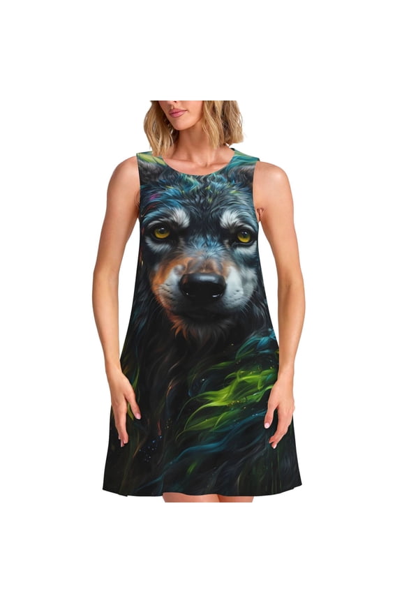 Realistic Style Green Fur Wolf Pattern Women’s Sleeveless Dress,Casual Summer Dress,A-line Sleeveless Dress Versatile Summer Dress Stylish Day Dress
