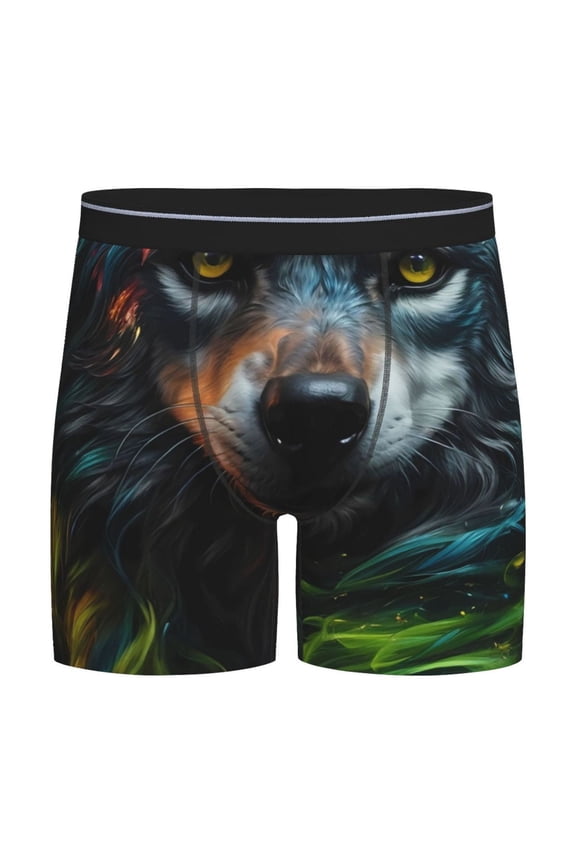 Realistic Style Green Fur Wolf Print Men’s Underwear Boxer Briefs Soft Comfortable Underwear Boxer Briefs, Long Leg Briefs,Anti-chafing Boxer Briefs