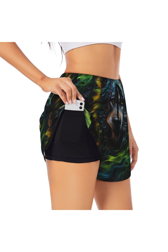 Realistic Style Green Fur Wolf Printed 2 in 1 Women's Workout Shorts for Athletic Gym Running Shorts with Phone Pockets-X-Large