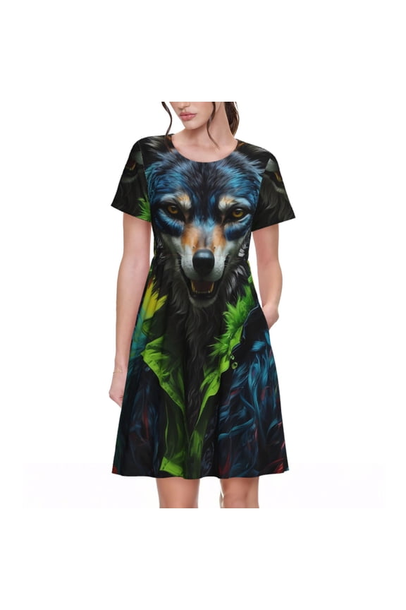 Realistic Style Wolf Warrior Pattern Women’s Short Sleeve Dress – Casual Elegant Summer A-Line Dress for Everyday Wear