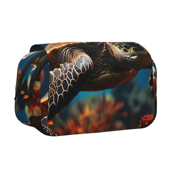 Rateoe Realistic Turtle Pattern Double Clamshell Pen Case, Storage Organizer with Two Zipper Compartments– Holds Up to 50 Pencils & Pens