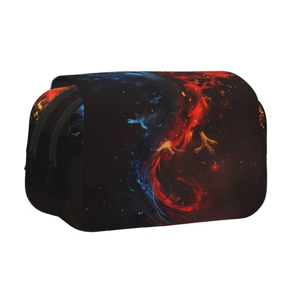 Rateoe Red And Blue Fire Bird Pattern Double Clamshell Pen Case, Storage Organizer with Two Zipper Compartments– Holds Up to 50 Pencils & Pens
