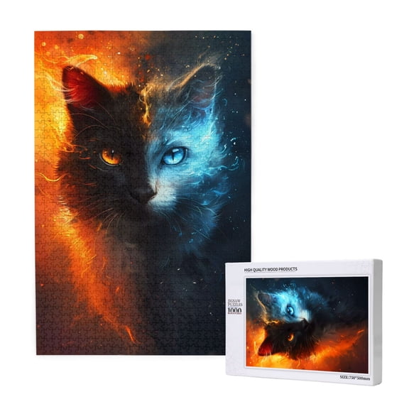 Rateoe Red And Blue Fire Cat Pattern Wooden Picture Puzzle ,1000 Piece Jigsaw Puzzle ,Family Fun Puzzle, Home Dcor Puzzle, Gift Puzzle(Vertical style)
