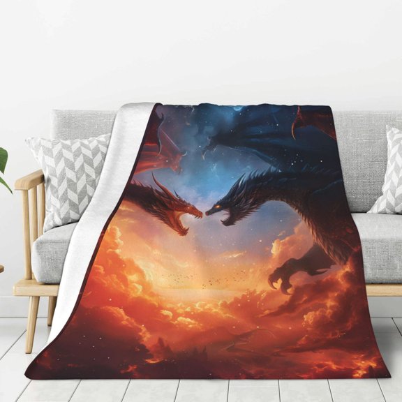 Rateoe Red And Blue Fire Cloud Dragon Pattern Flannel Throw Blanket, Ultra-soft Blanket for Bed, Couch, Car, Hypoallergenic Anti-pilling blanket-40"x30"(Vertical)