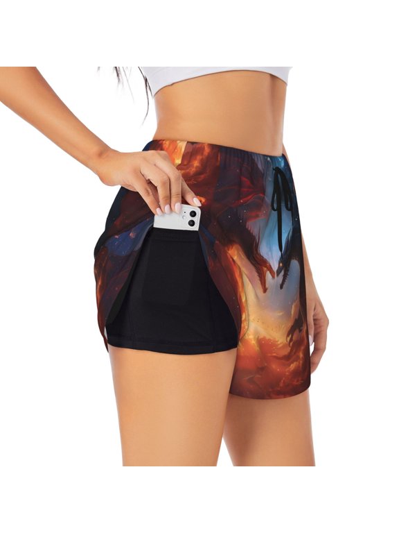 Red And Blue Fire Cloud Dragon Printed 2 in 1 Women's Workout Shorts for Athletic Gym Running Shorts with Phone Pockets-Large