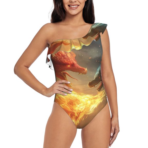 Rateoe Red And Blue Fire Dragon B Pattern Women One Piece Swimsuits Tummy Control One Shoulder Bathing Suits Ruffle Swimwear-Large