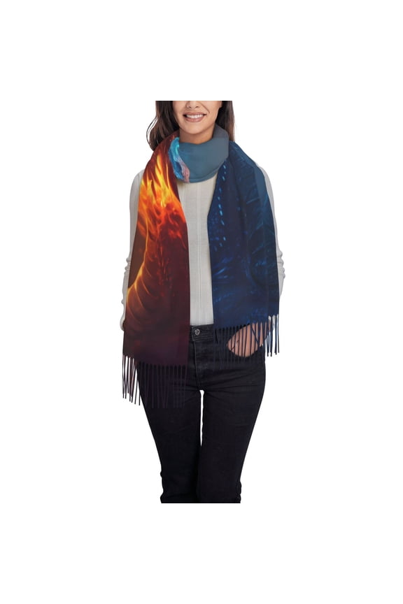 Red And Blue Fire Dragon C Women's Traditional Scarf Wrap Tassel Shawl Fringes Neck Head Shawl Retro Scarf